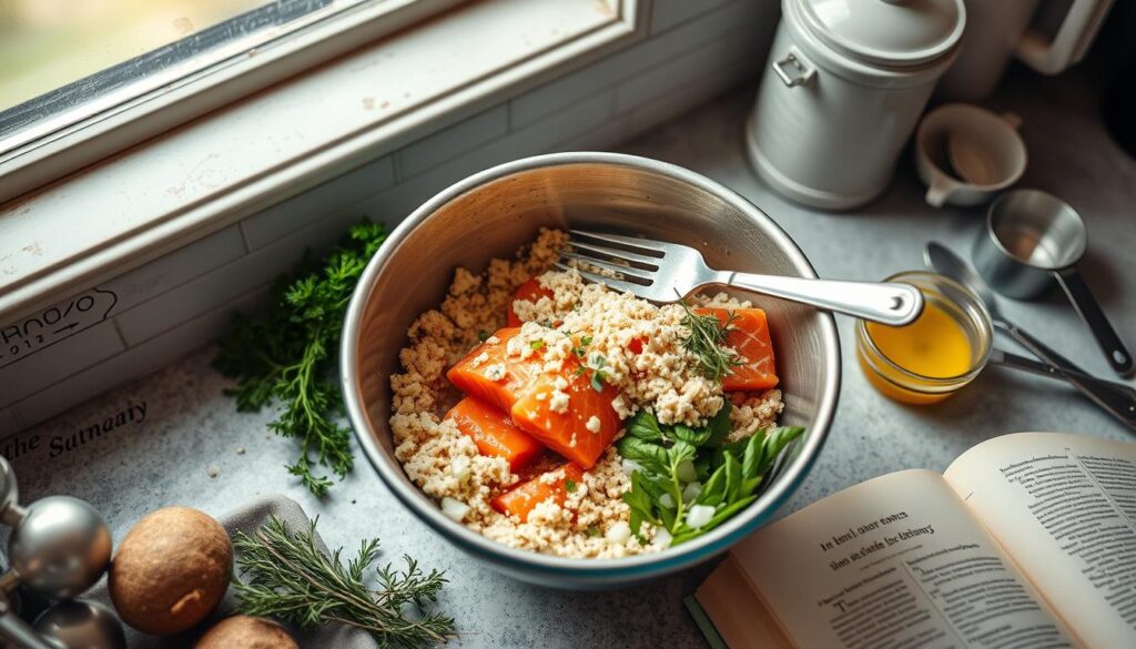 Mixing Salmon Patty Ingredients