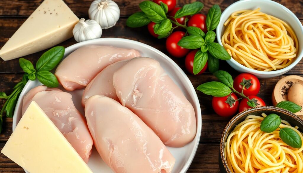 fresh ingredients for garlic parmesan chicken pasta