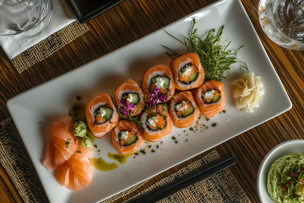 A variety of sushi with salmon, including nigiri and rolls, laid out on a white plate.