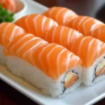 A beautifully presented sushi order topped with salmon, showcasing the vibrant color of the fish.