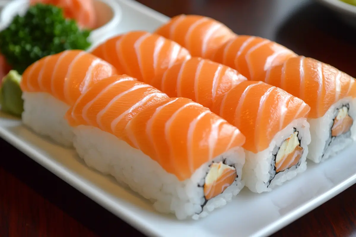 A beautifully presented sushi order topped with salmon, showcasing the vibrant color of the fish.