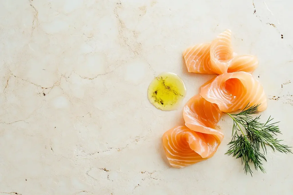 Minimalist image of salmon crudo with a drizzle of olive oil and a sprig of dill.