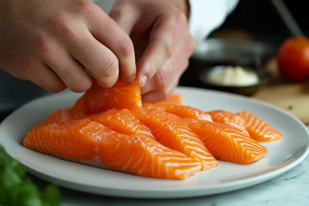 A chef preparing a salmon crudo dish with care and precision.