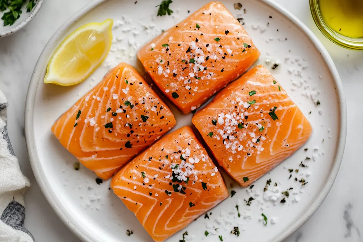 A beautifully presented plate of salmon crudo with visible olive oil and sea salt.