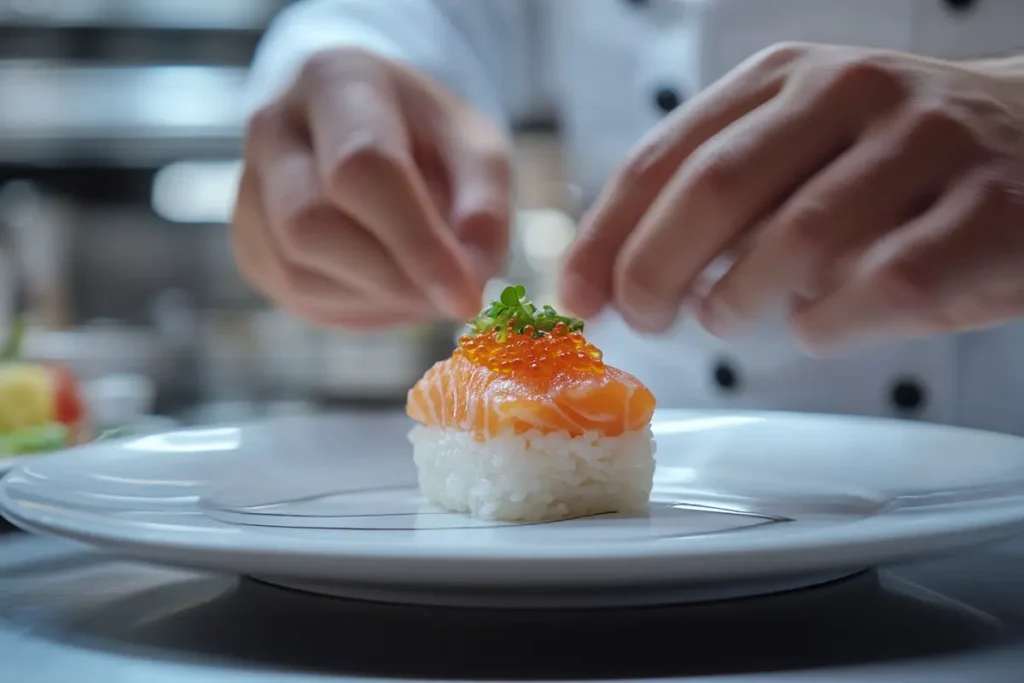 A chef carefully places a salmon topped sushi on a plate, highlighting the precision of the preparation.